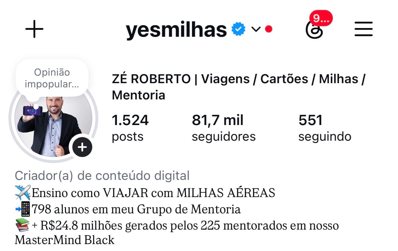 Print do perfil @yesmilhas no Instagram: 1.524 posts, 81,7 mil seguidores, e a descrição citando 798 alunos no Grupo de Mentoria e R$ 24,8 milhões gerados por 225 mentorados no MasterMind Black.