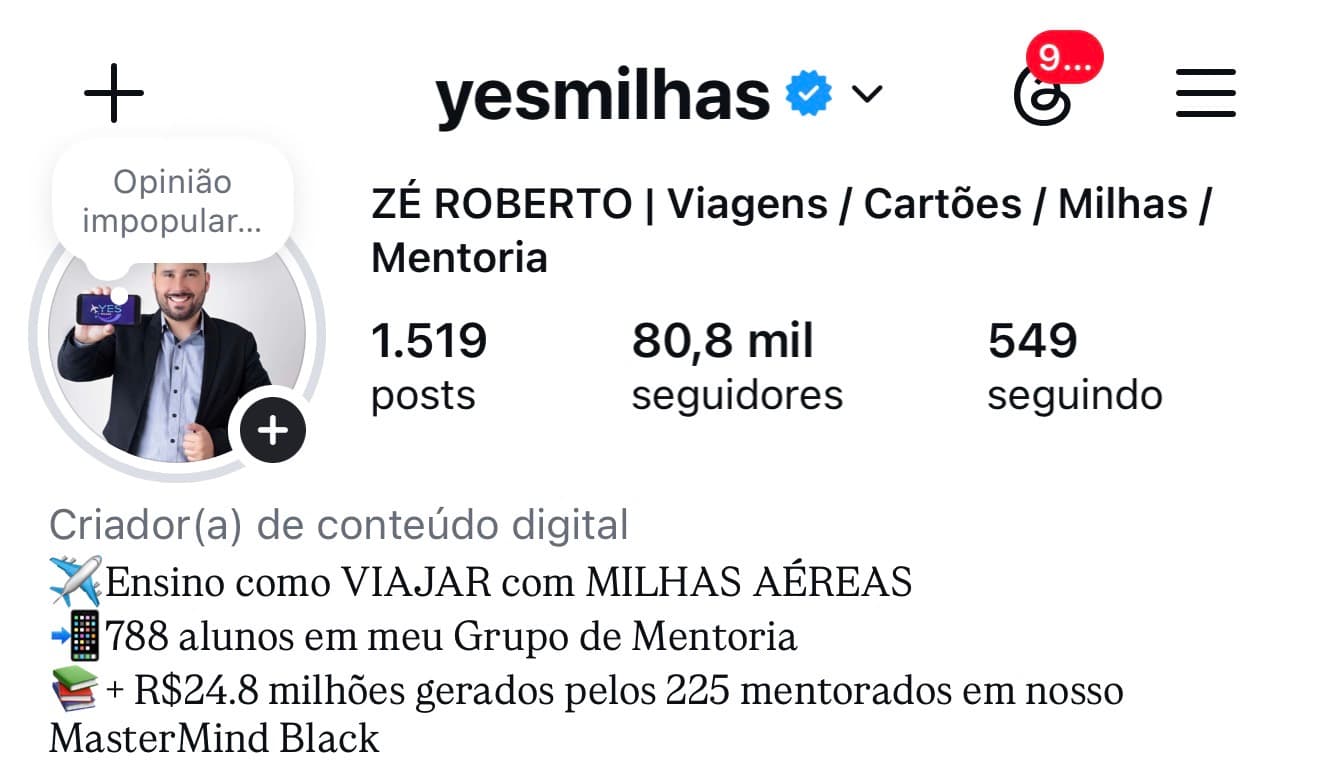 Print do perfil @yesmilhas no Instagram: 1.519 posts, 80,8 mil seguidores, e a descrição citando 788 alunos no Grupo de Mentoria e R$ 24,8 milhões gerados por 225 mentorados no MasterMind Black.